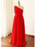 One Shoulder Red Chiffon Pleated Bridesmaid Dress